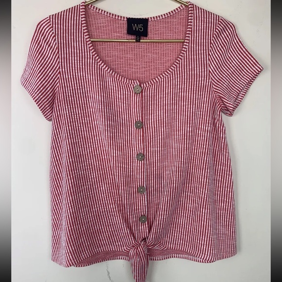 W5 Red Striped Tie Hem Top, Small - Picture 1 of 5